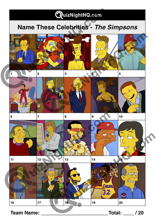 trivia picture sheet the simpsons famous faces